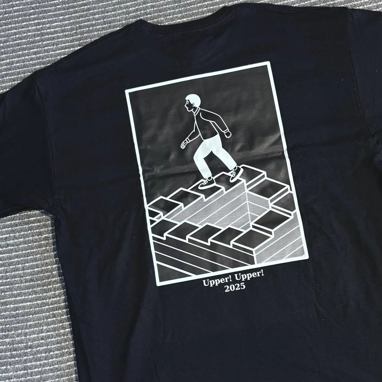 Black Upper! Upper! T-shirt, back with staircase artwork