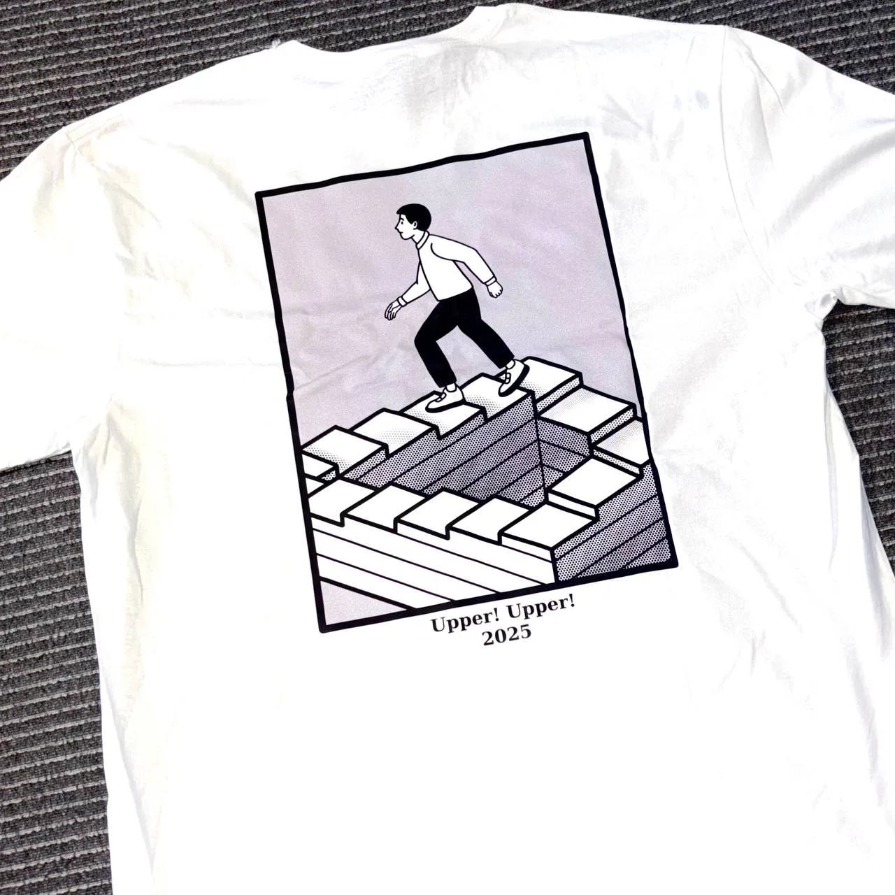 White Upper! Upper! T-shirt, back with staircase artwork